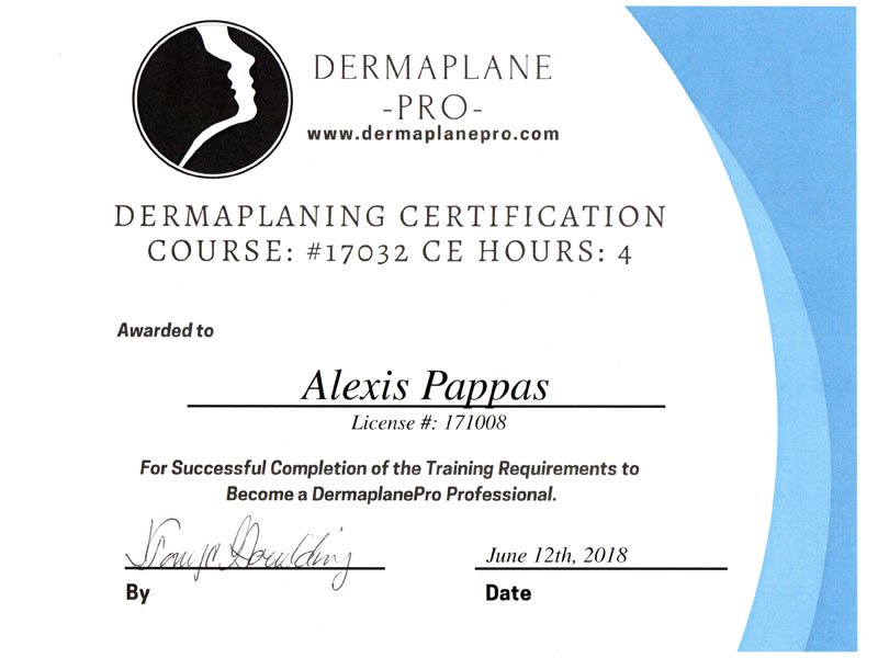 DreamLuxe Beauty Studio Alexis Pappas Dermaplane Certificate